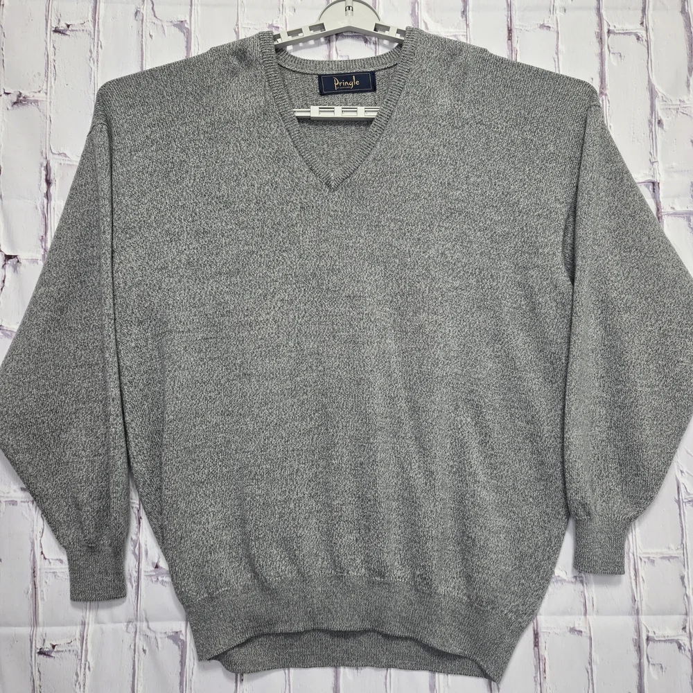 Vintage 1980's Pringle Of Scotland V-neck Sweater 100% Lambswool Gray‎ Sz XL